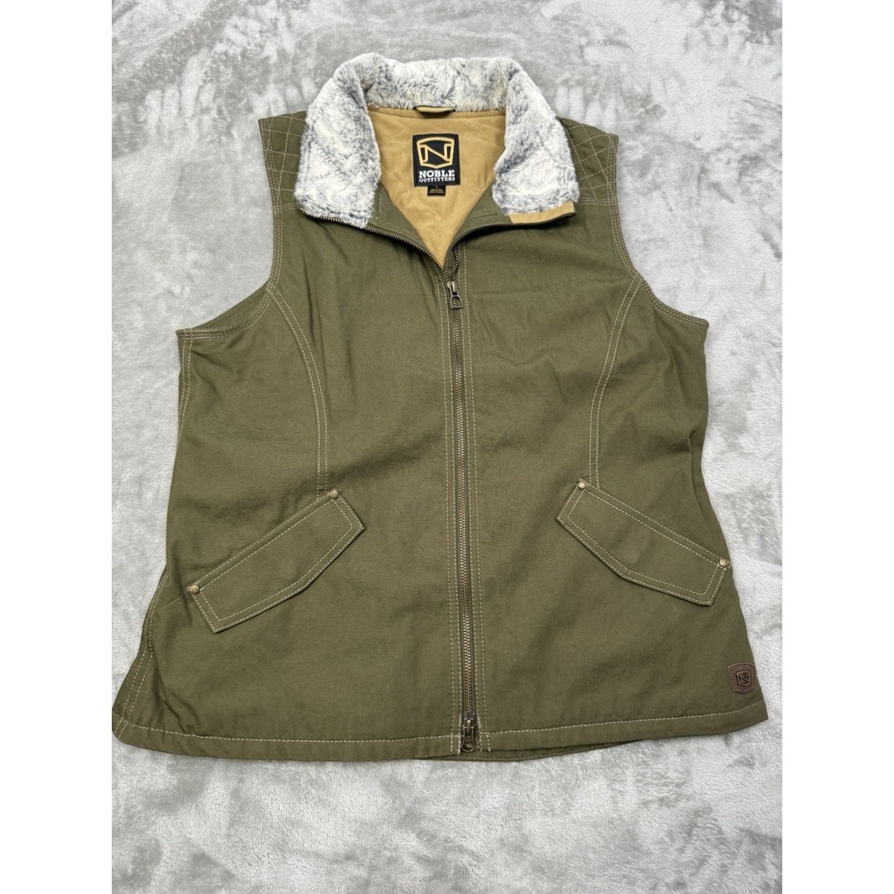 Noble Outfitters Vest Womens Large Army Green Zip Insulated Faux Fur Work Winter